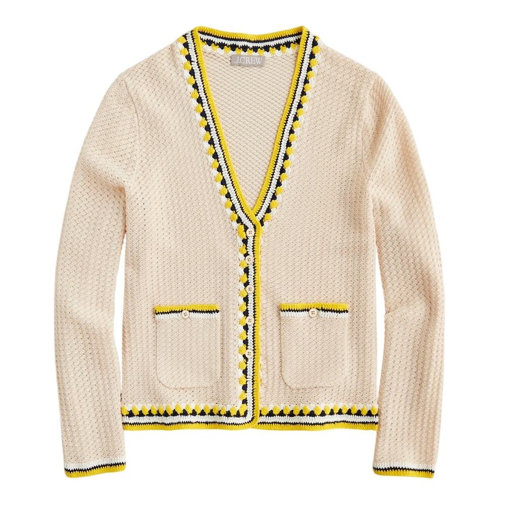 J.Crew Crocheted Sand Navy Yellow Ivory Supersculpt Cardigan Sweater Size S